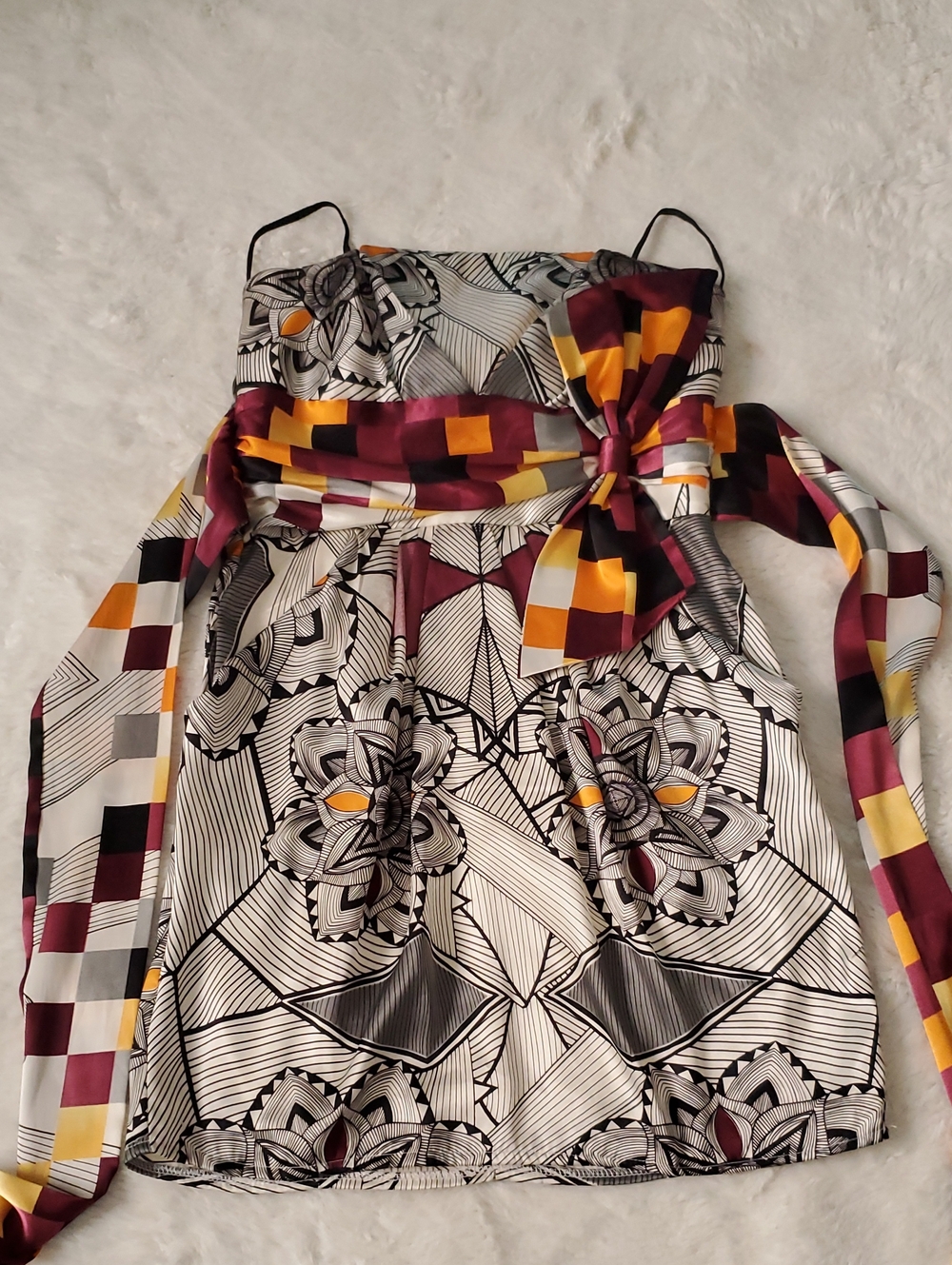 Strapless Floral Geometric Print Dress with Sash - Burgundy/Yellow/Black